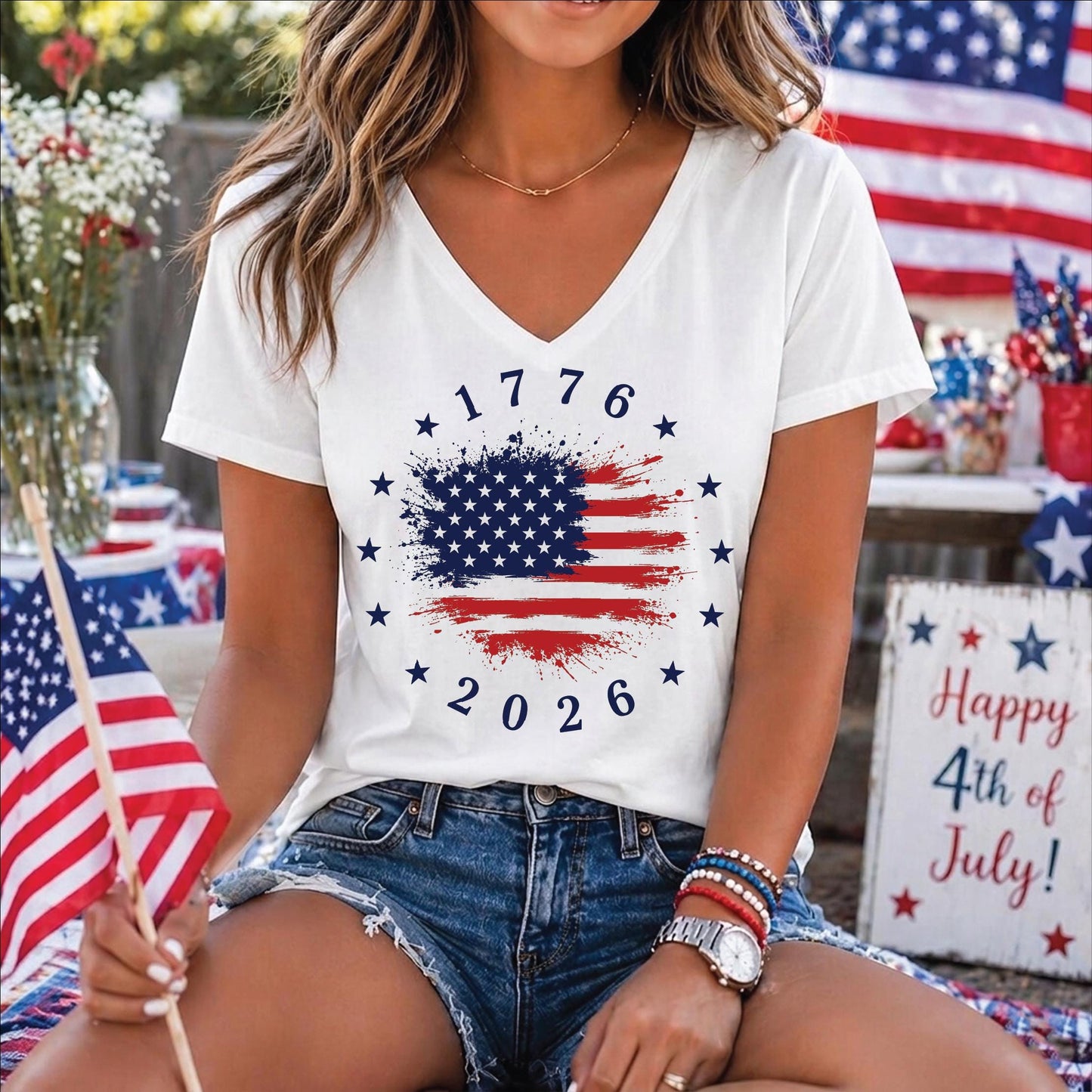 Personalized USA 250th Anniversary V-Neck Shirt, America 1776-2026 Patriotic Flag Women Tee 685347