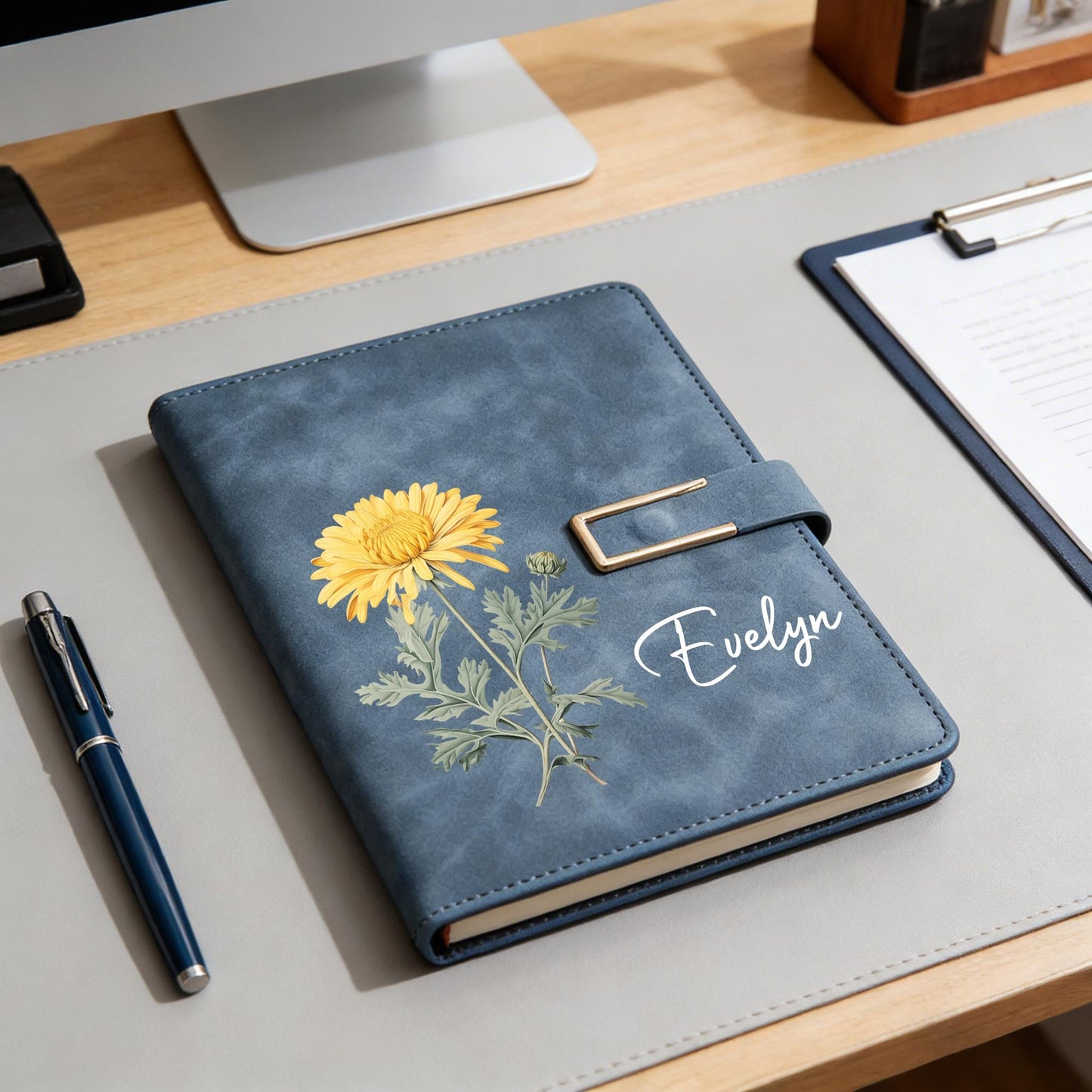 Personalized Birth Flower Leather Notebook, Custom Name Leather Notebook Set Gift For Women, Birthday/Teacher Gift 685381 WFD