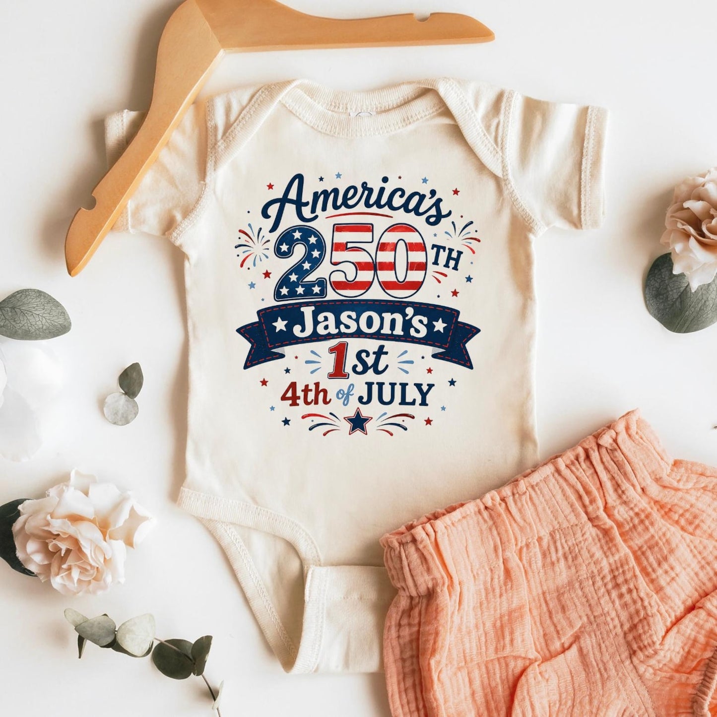 Personalized First 4th Of July Baby Bodysuit, USA 250th Anniversary Outfit, Patriotic Independence Day Baby Gift 685437