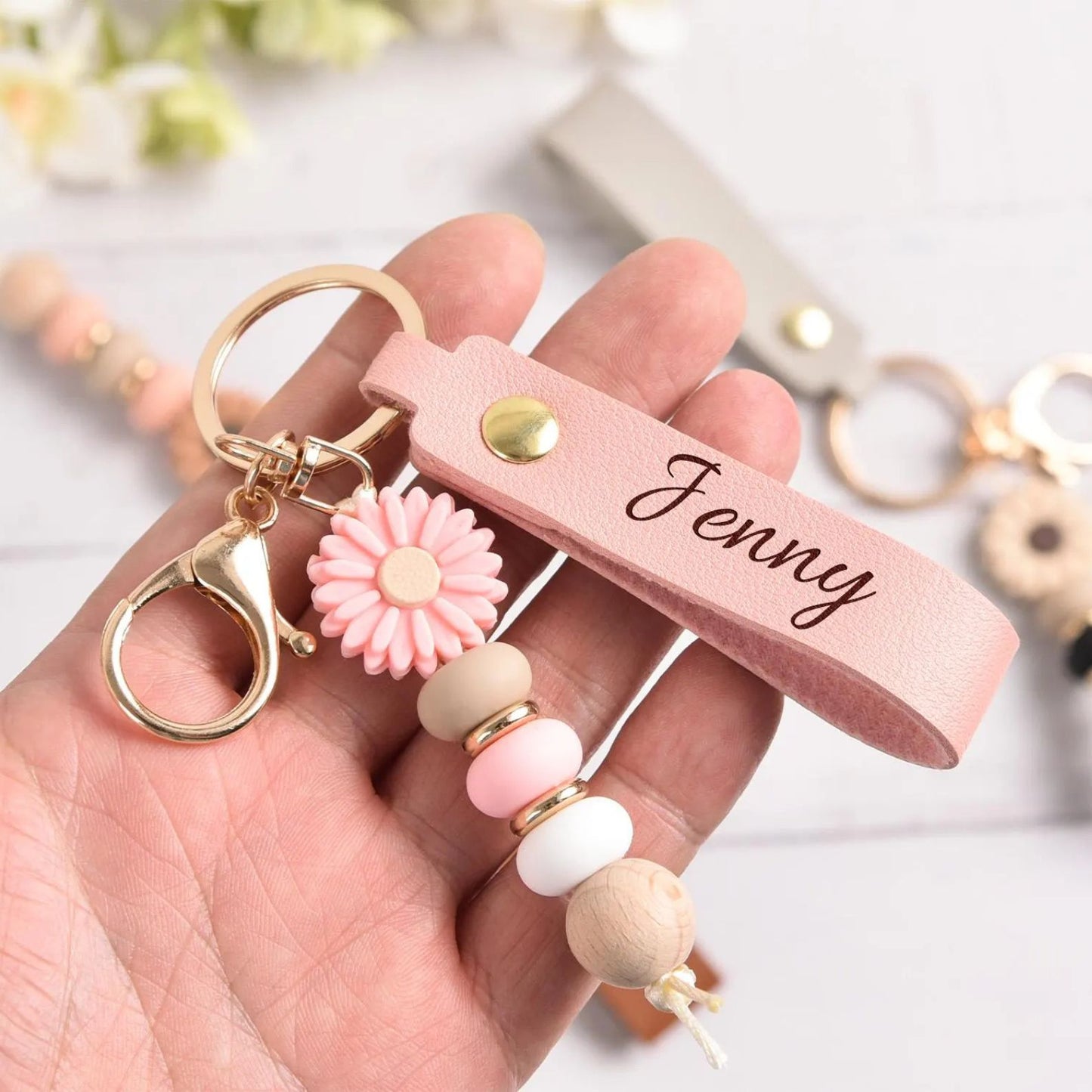 Daisy Beaded Keyring For Girls | Personalized Keychain | Faux Leather Keyring | Custom Name Keychain 684765