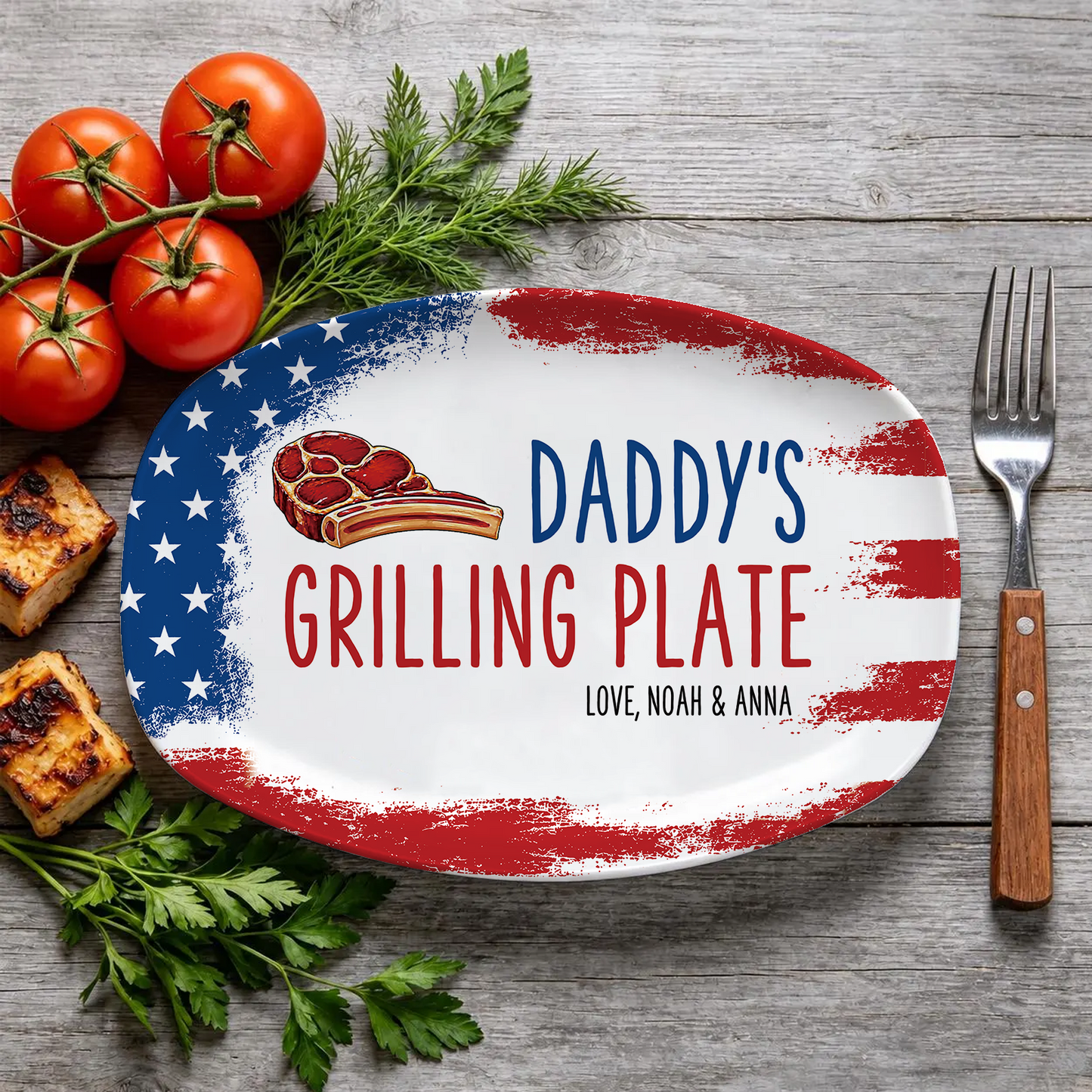 Personalized Daddy’s Grilling Plate, Custom Name BBQ Serving Tray Platter, 4th Of July Gift For Family 685222