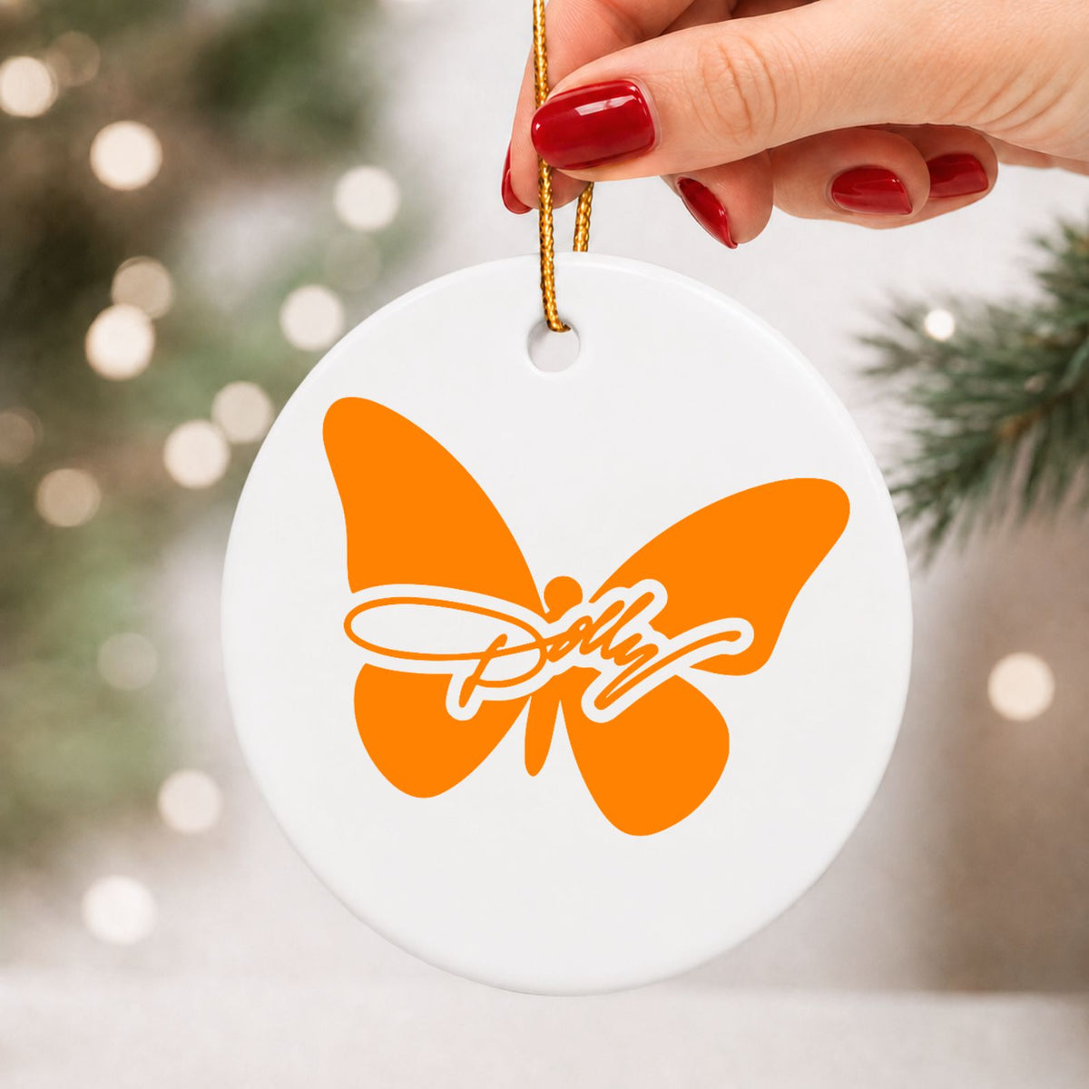 Dolly Orange Butterfly Christmas Ceramic Ornament, Country Music Legend Memorial Keepsake, Dolly Parton Gift 686125