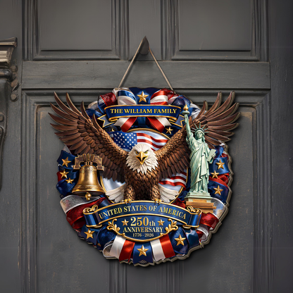 Personalized USA 250 Years Anniversary Wreath Wooden Sign | Patriotic Eagle Door Decor 684524
