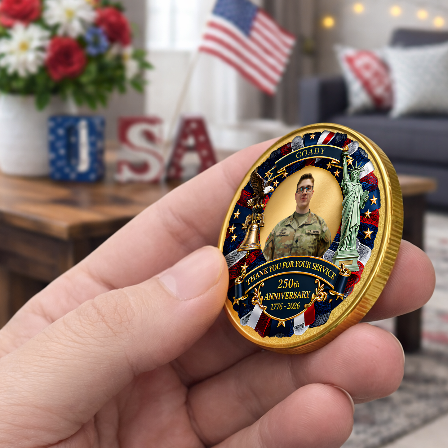 Custom Photo Thank You For Your Service Coin, Patriotic 250 Years USA Commemorative Gift 685031