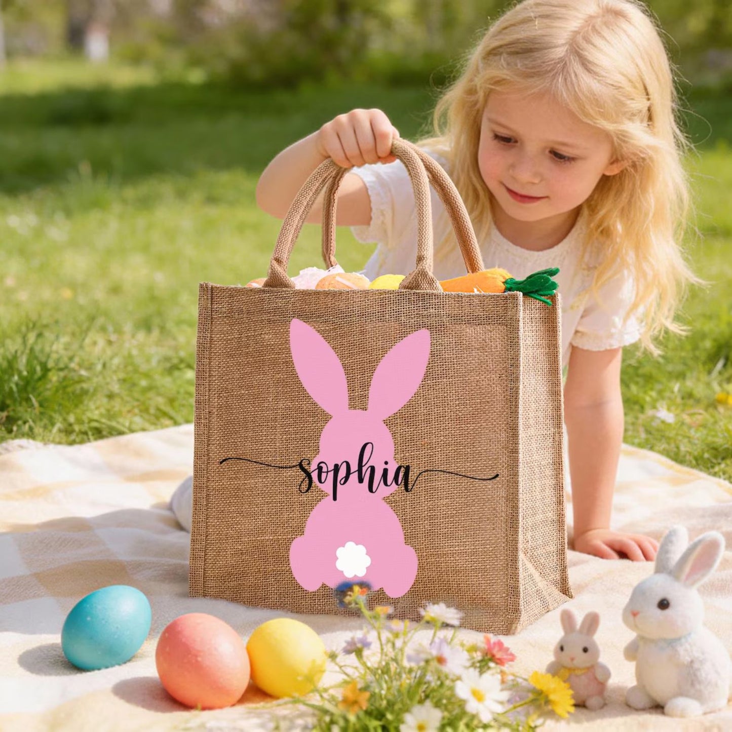 Personalized Easter Tote Bag | Jute Easter Bag | Kids Egg Hunt Bag | Custom Name Easter Basket 684392