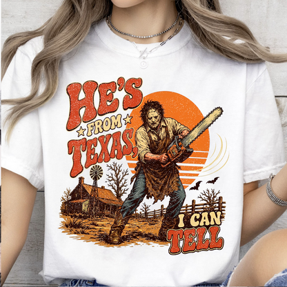 "He's From Texas I Can Tell" Halloween Shirt, Retro Horror Graphic Tee, Funny Halloween Gift 686147