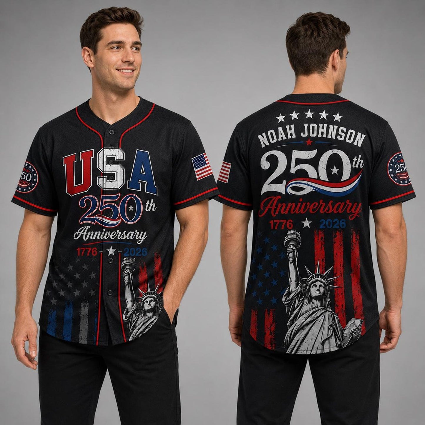 Black USA 250th Anniversary Baseball Jersey, Personalized 1776-2026 Jersey, Patriotic 4th Of July Shirt 685244