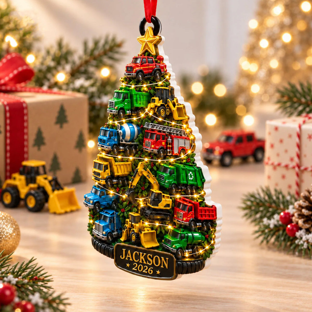 Personalized Kids Construction Truck Christmas Acrylic Ornament, Custom Name Xmas Tree Hanging Ornament 686755 WFD