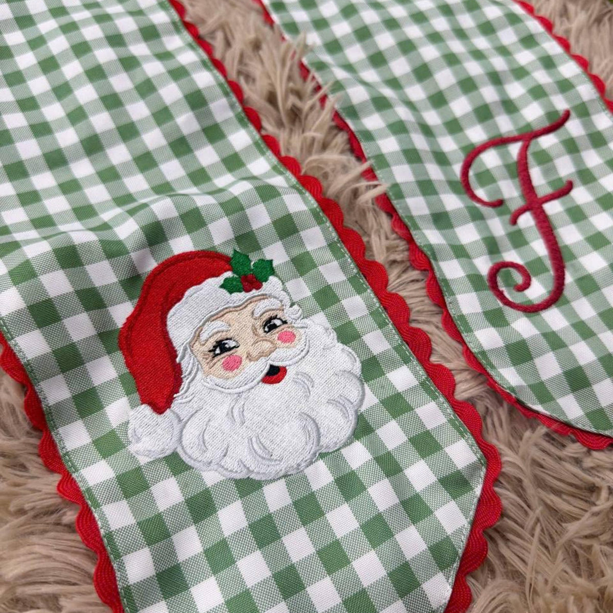 Personalized Christmas Wreath Sash, Embroidered Santa Claus & Monogram Letter, Custom Name Front Door Decor 686259 WFD