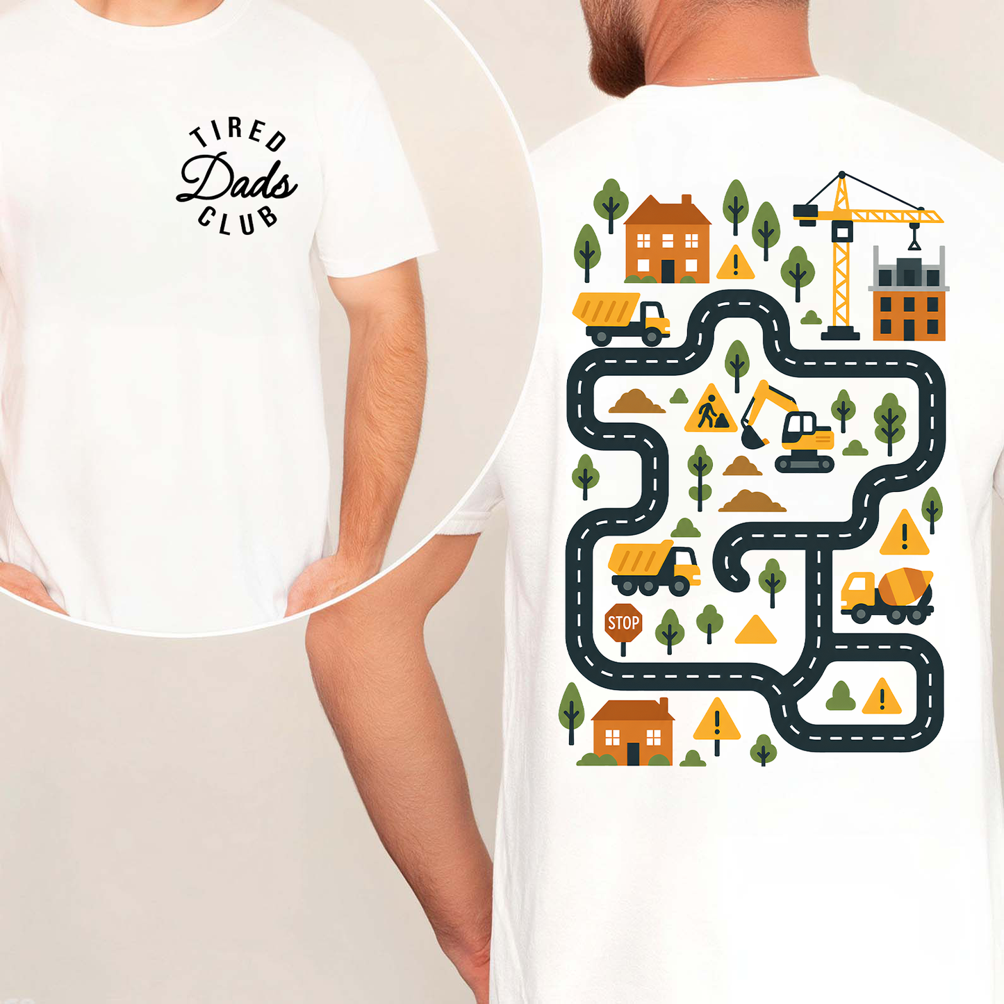 Tired Dads Club Shirt, Funny Dad Life Humor, Father's Day Gifts, Car Track Play Mat Tee Pocket & Back Bright Shirt 685096