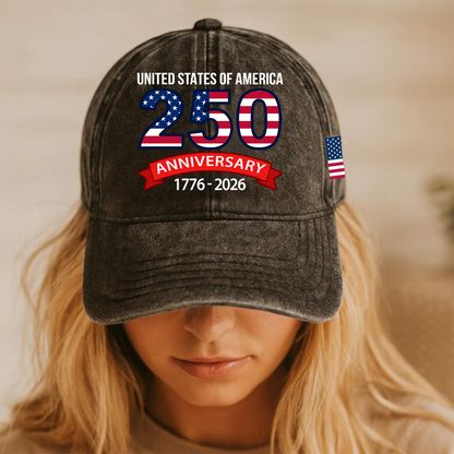 United States Of America 250 Anniversary Vintage Washed Denim Baseball Cap | Patriotic 4th of July Hat 684422