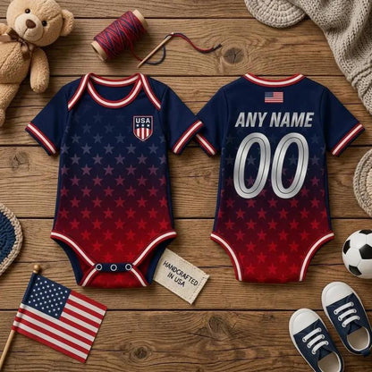 Personalized USA Flag Soccer Baby Suit, Custom Name Soccer Uniform Kit, Gift For Newborn 685388