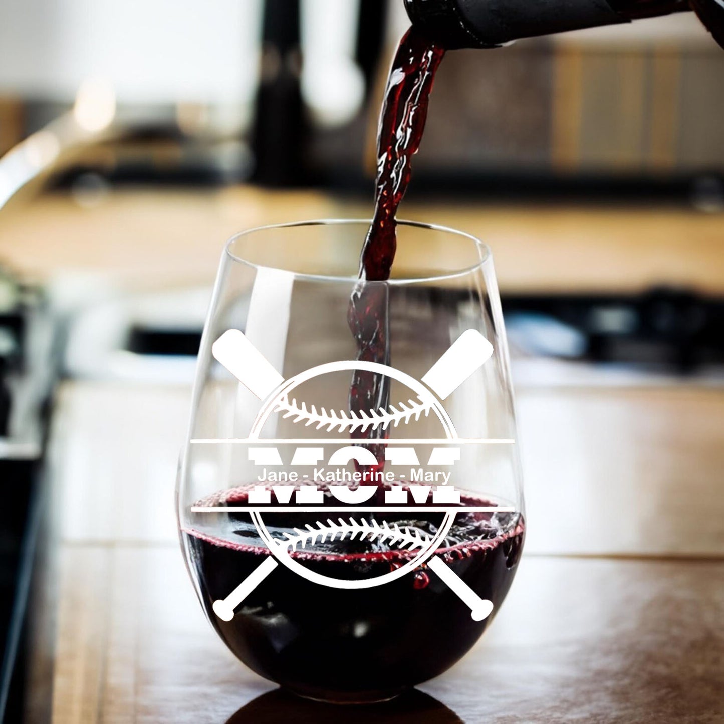 Personalized Baseball Mom Wine Glass | Custom Kids' Name Wine Glass| Baseball Gift For Mom 682709