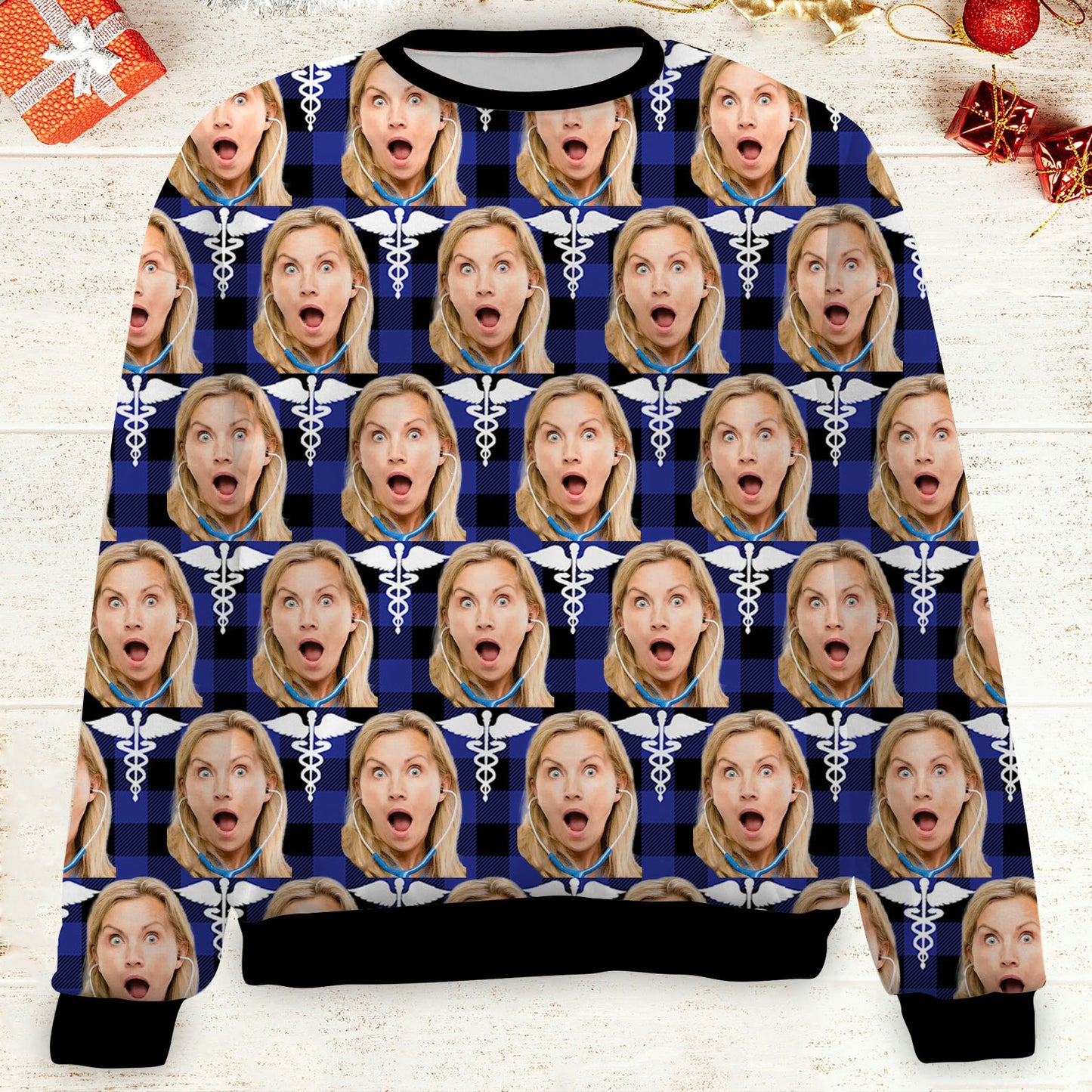 Custom Face Christmas Sweatshirt, Personalized Photo Nurse Theme Sweater, Christmas All-Over-Printed Sweatshirt 682645