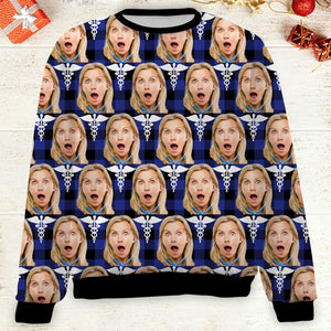 Custom Face Christmas Sweatshirt, Personalized Photo Nurse Theme Sweater, Christmas All-Over-Printed Sweatshirt 682645