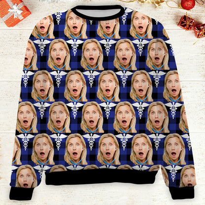 Custom Face Christmas Sweatshirt, Personalized Photo Nurse Theme Sweater, Christmas All-Over-Printed Sweatshirt 682645