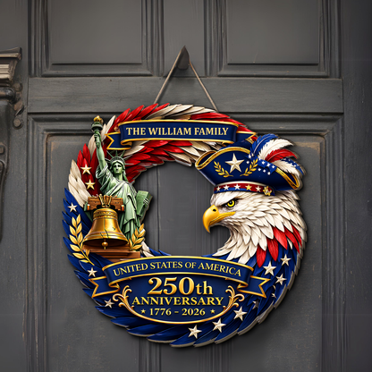 Personalized America 250th Anniversary Wooden Sign | Patriotic Eagle Door Wreath Wall Decor 684552