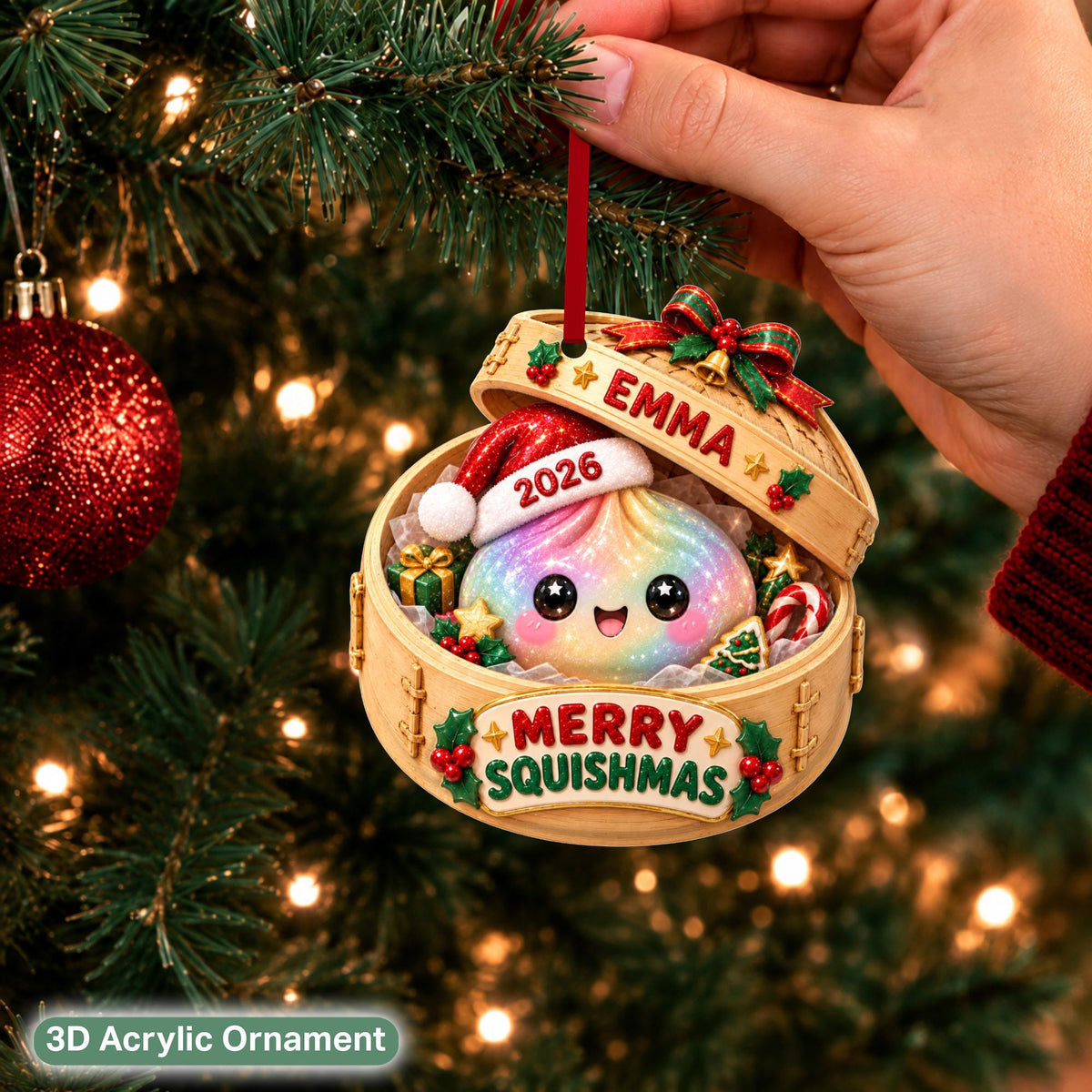 Personalized Glitter Dumpling 3D Relief White Acrylic Ornament, Custom Name Squishy Christmas Keepsake 686650
