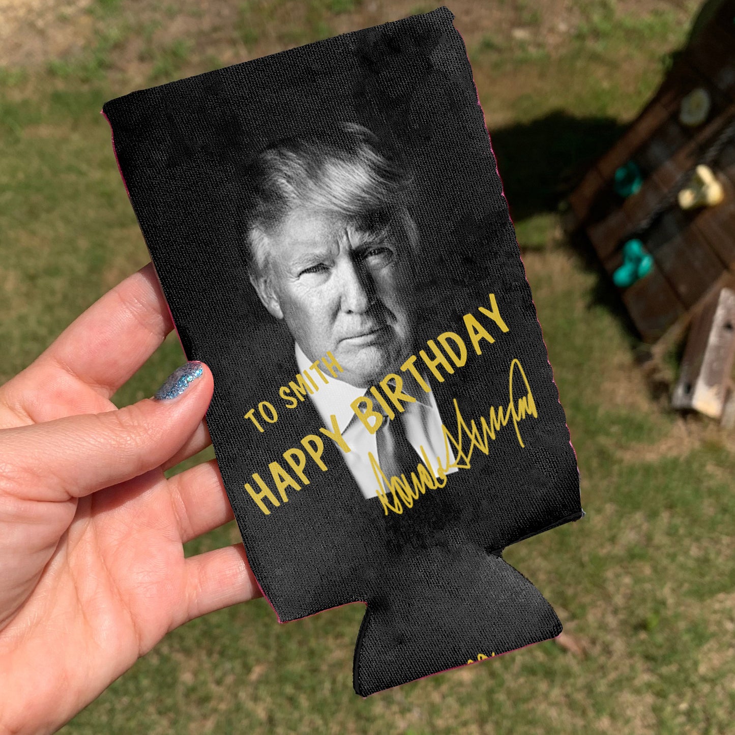 Personalized Donald Trump Autographed Can Cooler | Donald Trump Homage Can Holder |  Black Can Sleeve For Drinks 682433 - GOP