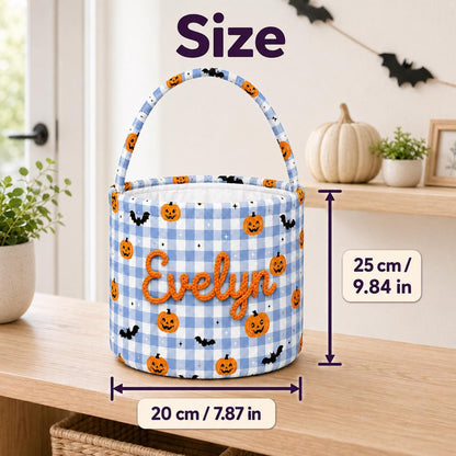 Personalized Halloween Basket For Kids, Custom Name Pumpkin Bat Candy Bucket, Embroidered Gingham Bucket 686279 WFD