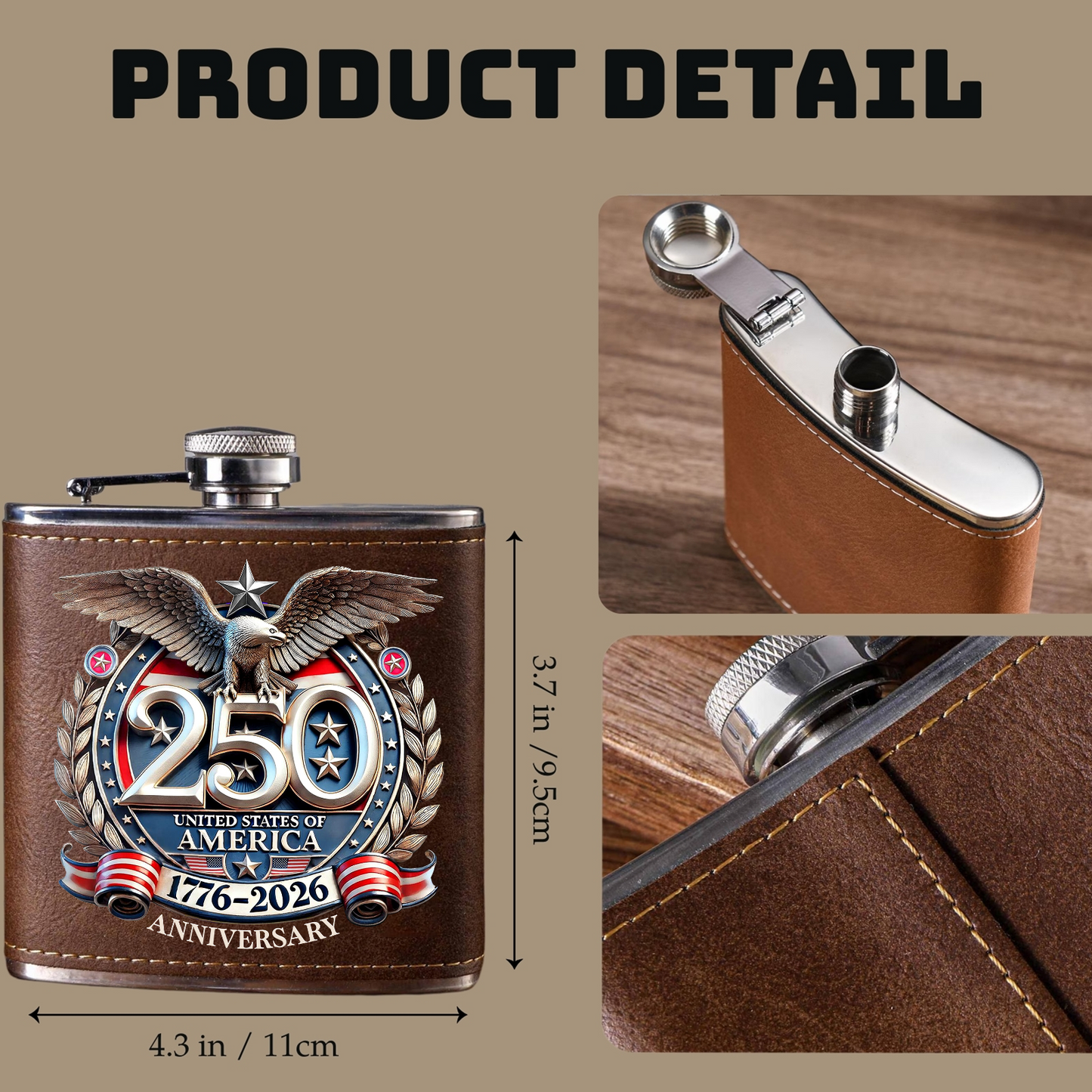 250 Years USA Anniversary Flask, Personalized Leather Flask, 250 Years of America Gift 684598