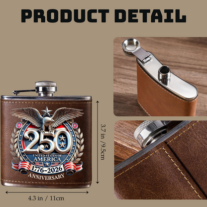 250 Years USA Anniversary Flask, Personalized Leather Flask, 250 Years of America Gift 684598