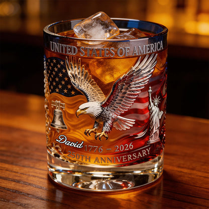 Personalized USA 250th Anniversary Whiskey Glass, Custom Name Patriotic 4th Of July Glass 685289