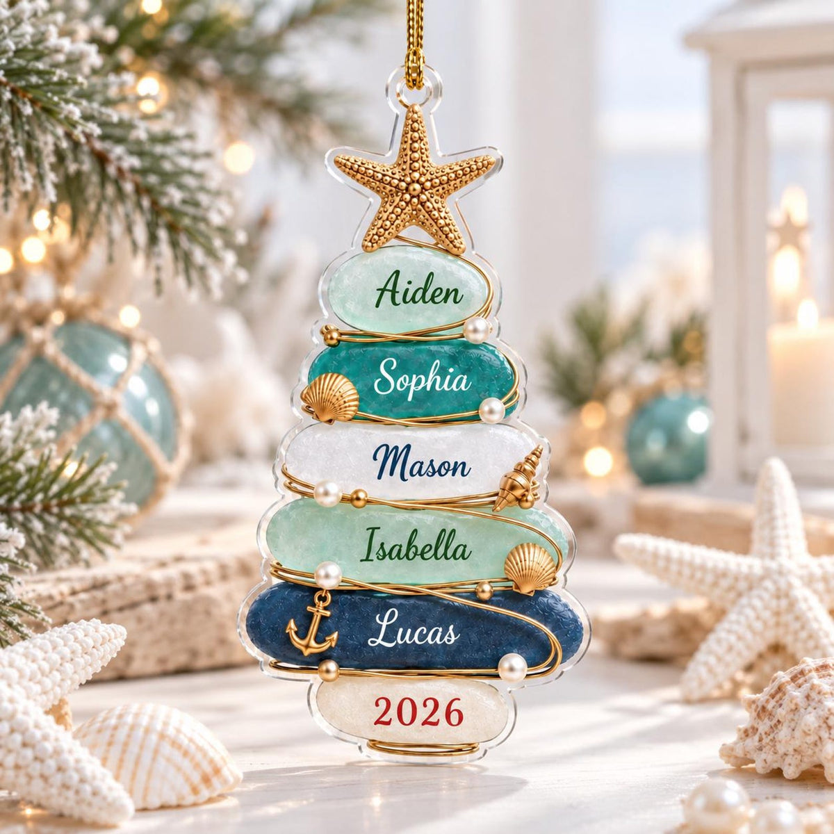 Personalized Sea Glass Tree Acrylic Ornament, Custom Name & Number Christmas Gift For Family 686442 WFD