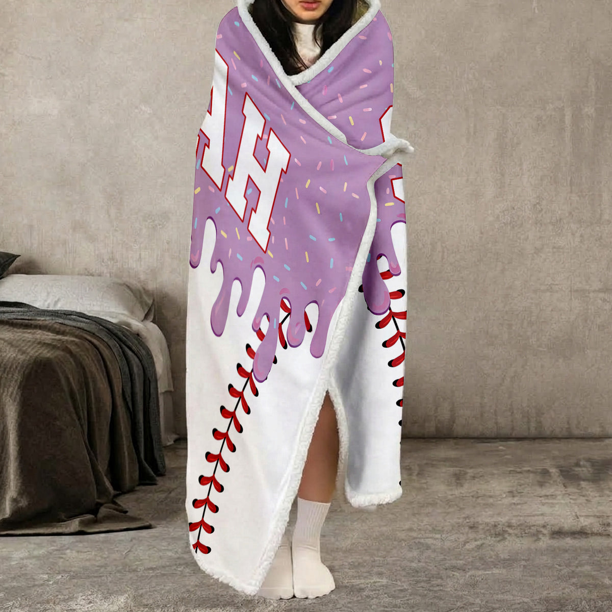 Personalized Baseball Drip Hooded Blanket, Custom Name & Number Ice Cream Drip Baseball Blanket 686375