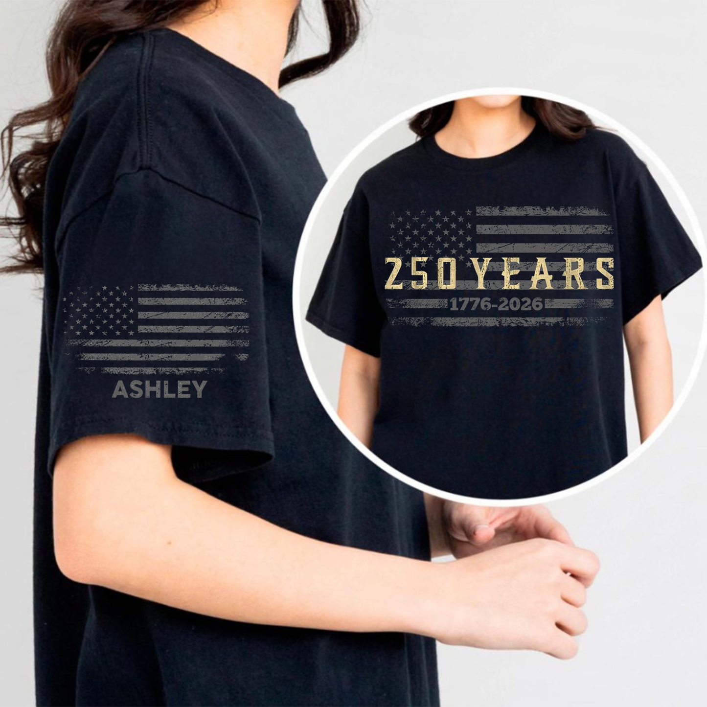 Personalized USA 250 Years Anniversary Dark Shirt | Custom Name Patriotic 4th Of July Front & Right Sleeve Shirt 684775