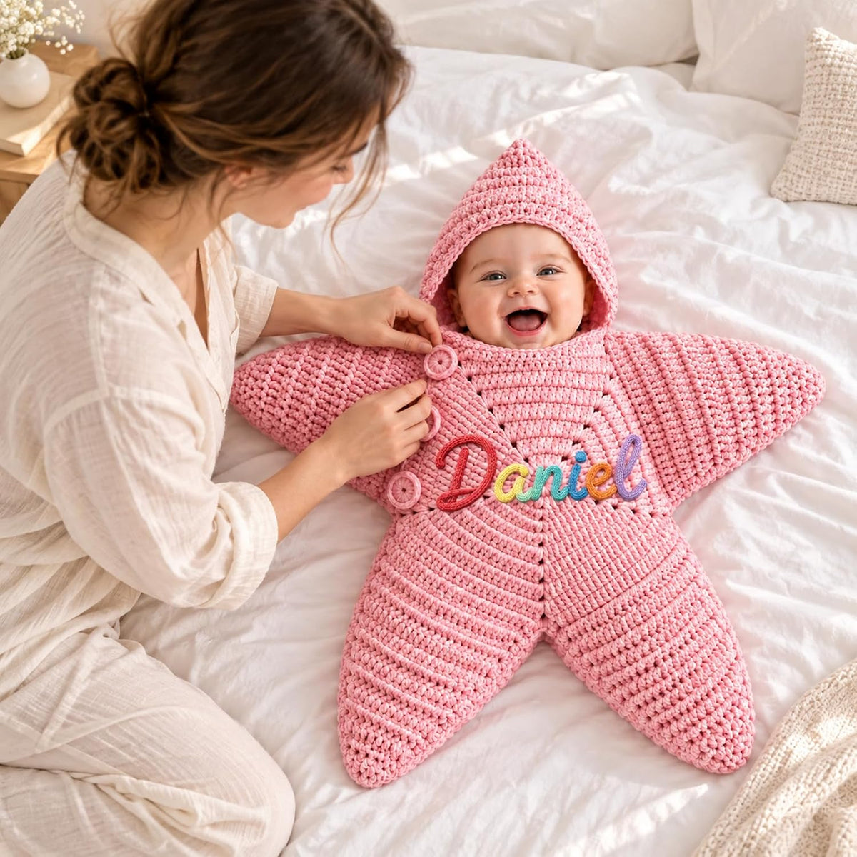 Custom Name Starfish Baby Bodysuit, Hand Crochet Hooded Swaddle Sleep Sack, Personalized Gift For Newborn 686554 WFD
