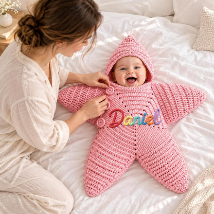 Custom Name Starfish Baby Bodysuit, Hand Crochet Hooded Swaddle Sleep Sack, Personalized Gift For Newborn 686554 WFD