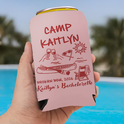 Personalized Camp Bachelorette Can Cooler, Custom Summer Party Favor, Beach Trip Gift 685806
