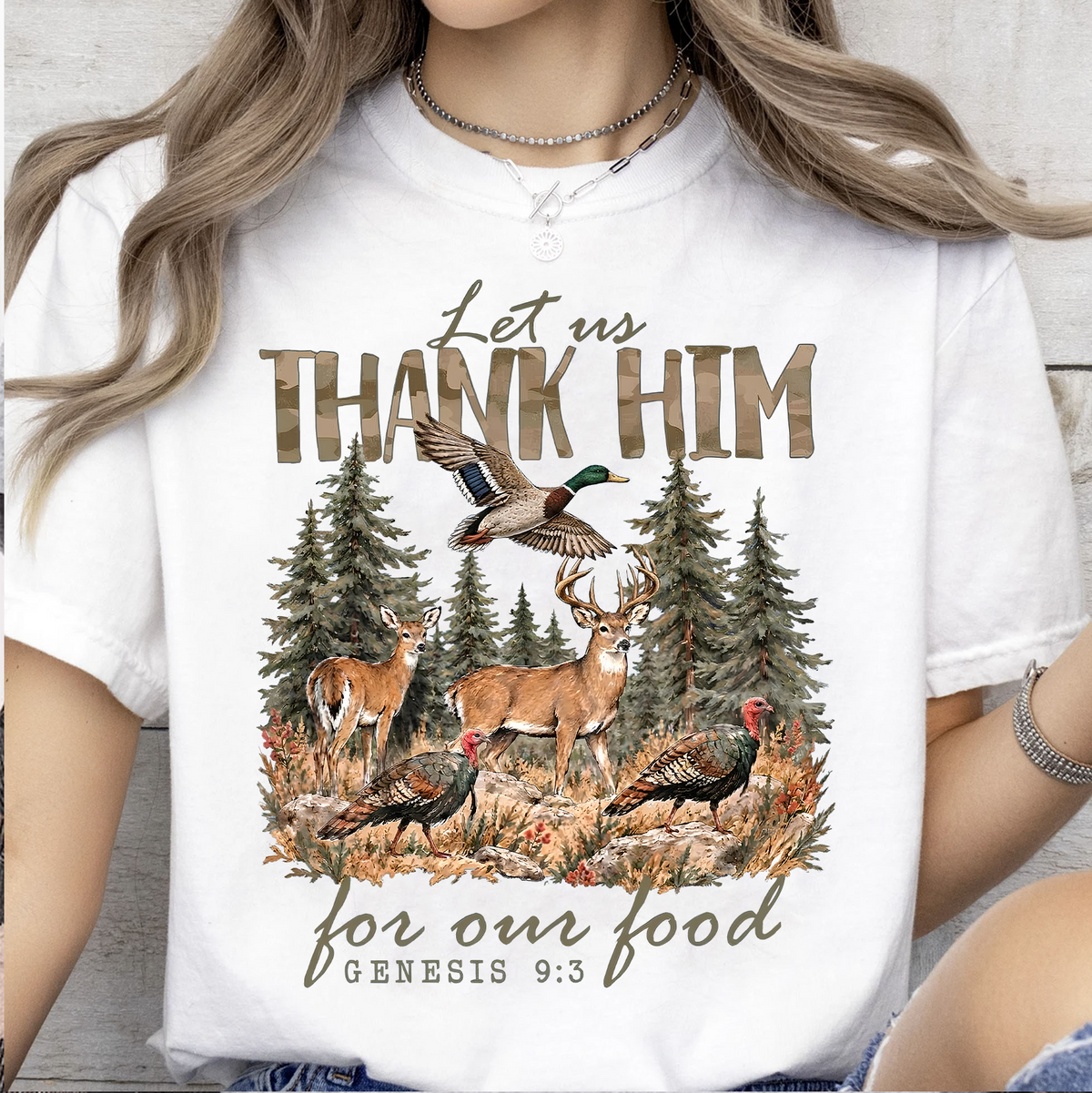 Vintage Let Us Thank Him For Our Food Shirt, Bible Verse Hunter Thanksgiving Tee 686746
