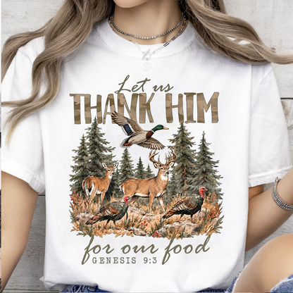 Vintage Let Us Thank Him For Our Food Shirt, Bible Verse Hunter Thanksgiving Tee 686746