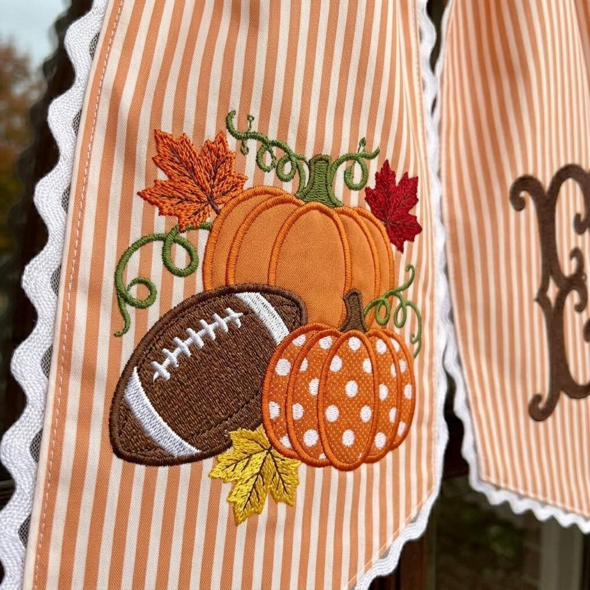 Personalized Football Pumpkin Embroidered Wreath Sash, Fall Kick Off Bow, Striped Front Door Decor 686194 WFD