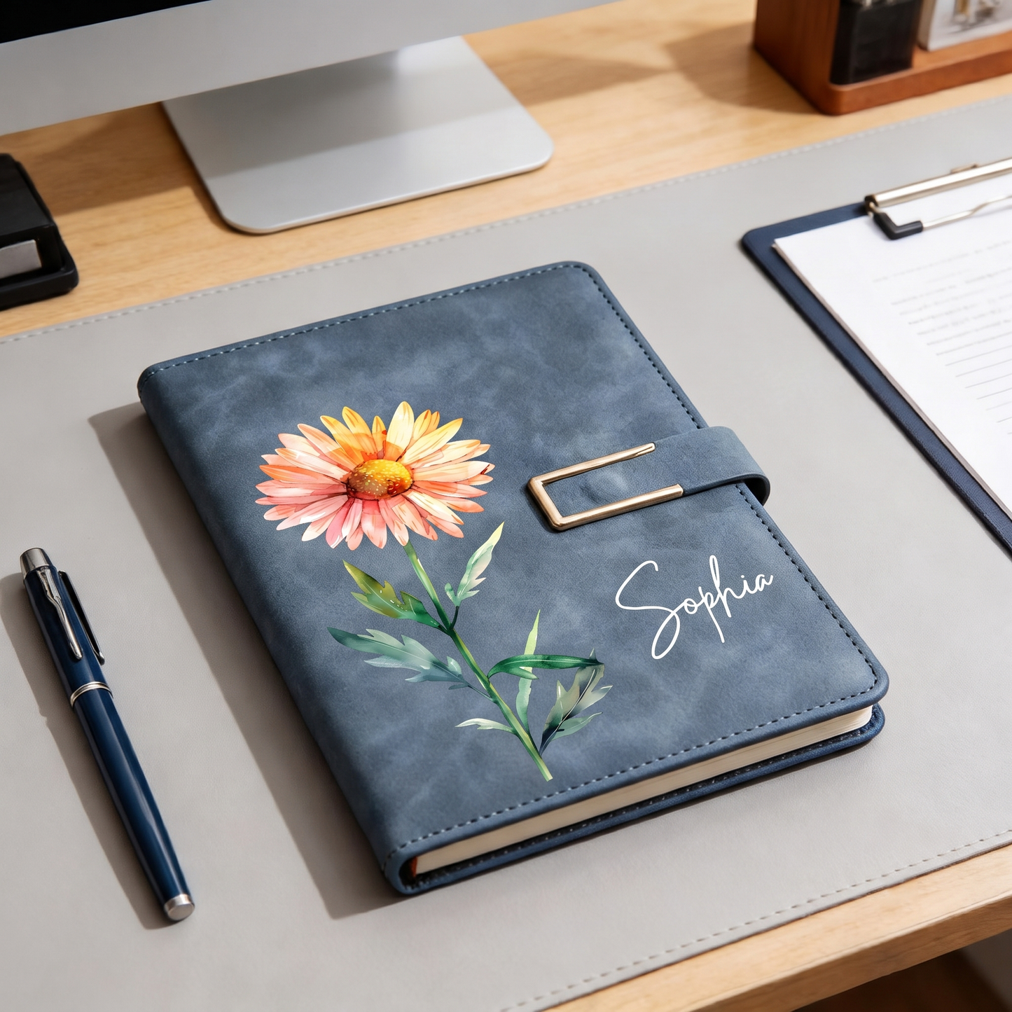 Personalized Birth Flower Leather Notebook, Custom Name Leather Notebook Set Gift For Women, Birthday/Teacher Gift 685381