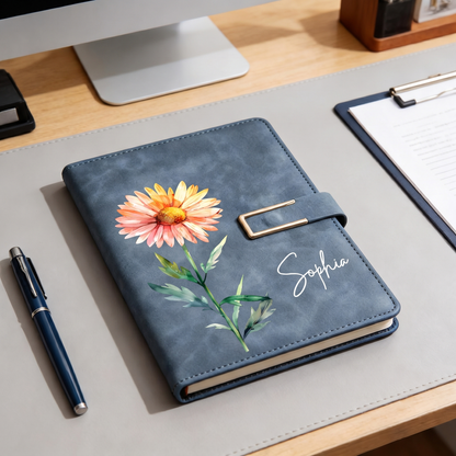 Personalized Birth Flower Leather Notebook, Custom Name Leather Notebook Set Gift For Women, Birthday/Teacher Gift 685381