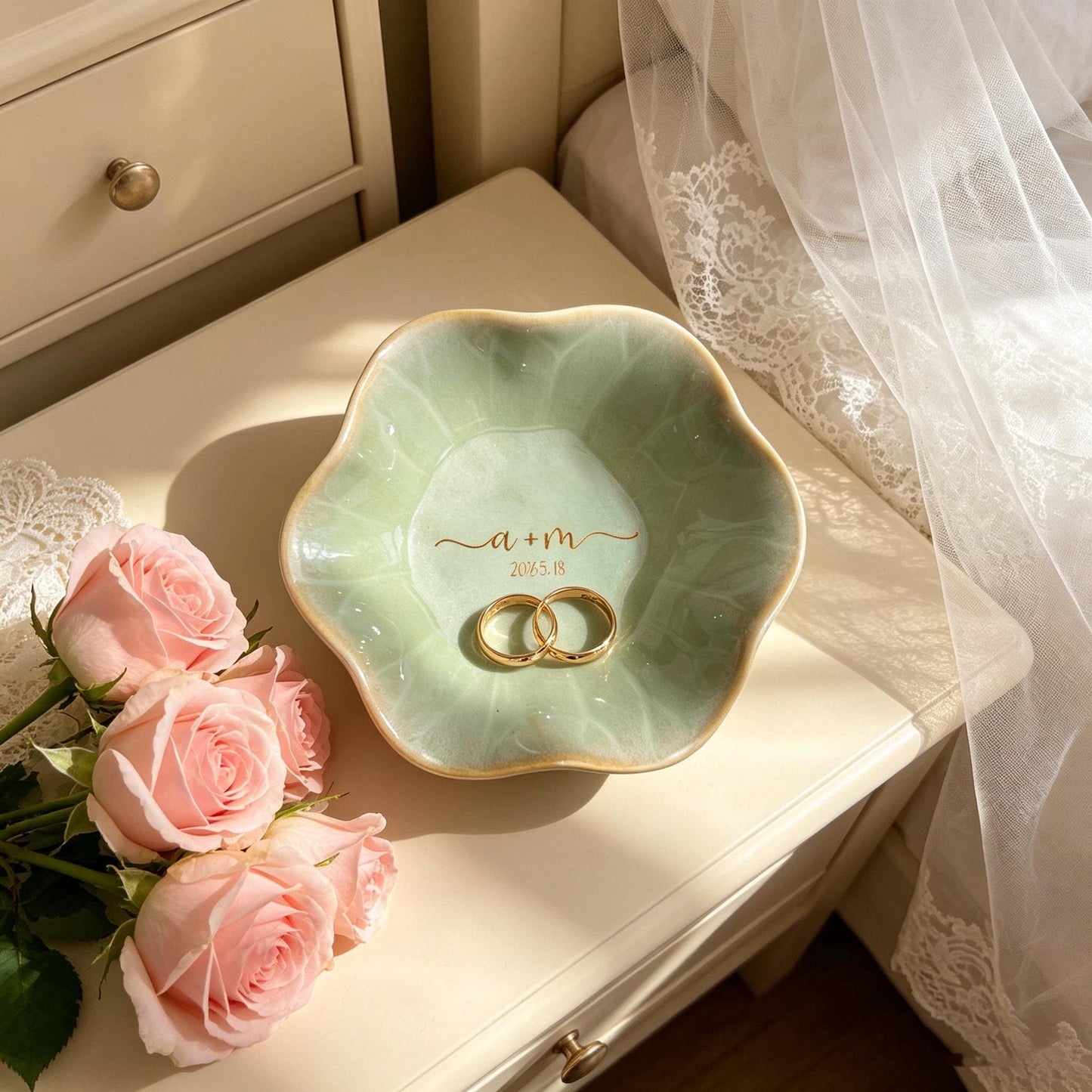 Custom Name Engaged Lotus Shape Jewelry Dish | Personalized Jewelry Dish | Wedding Date Gift 685474 WFD