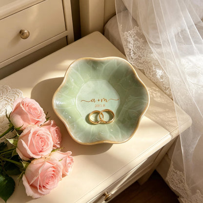 Custom Name Engaged Lotus Shape Jewelry Dish | Personalized Jewelry Dish | Wedding Date Gift 685474 WFD
