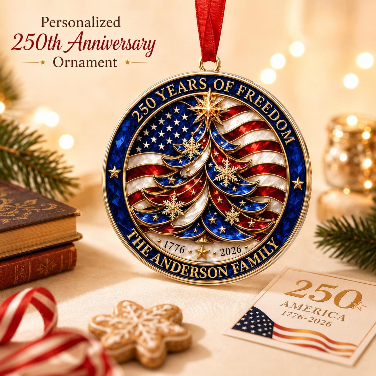 Personalized USA 250 Years Of Freedom Acrylic Ornament, Custom Family Name Ornament, Patriotic Christmas Decor 685891 WFD