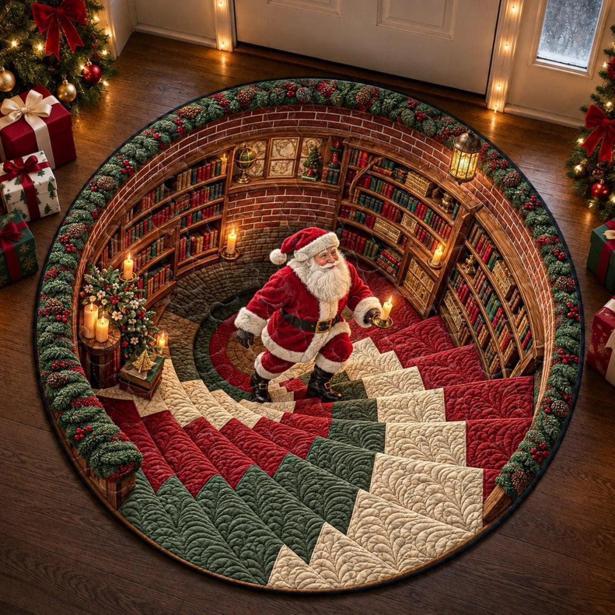 3D Santa Optical Illusion Christmas Round Rug, Spiral Staircase Holiday Floor Mat 686435 WFD