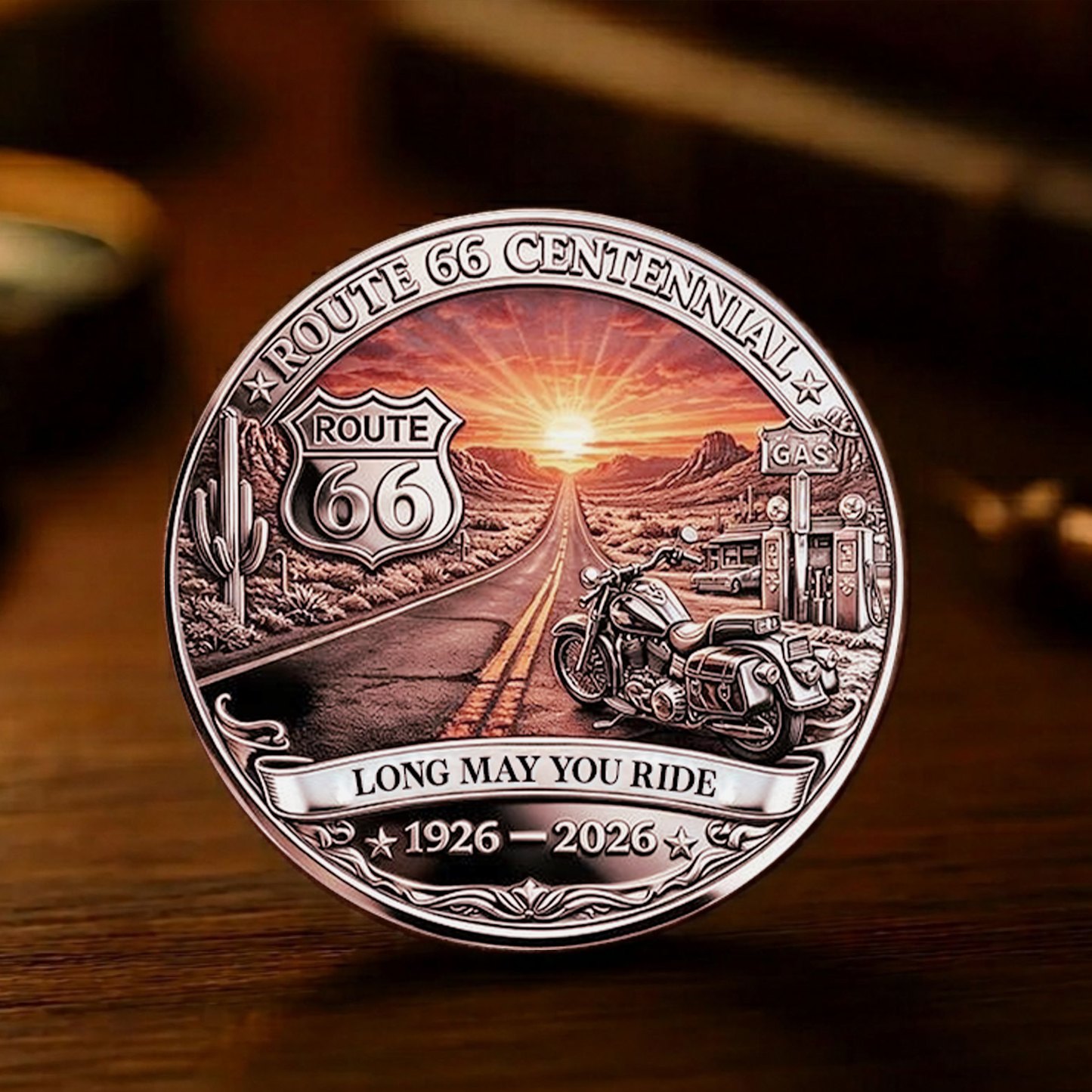 Personalized Route 66 Centennial Coin | Vintage Motorcycle Road Trip Design Coin Gift For Biker 684689