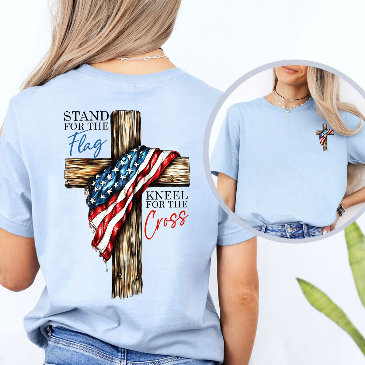 Stand For The Flag Kneel For The Cross Christian Shirt | Patriotic USA Flag Cross Tee | Faith Based 4th of July Pocket & Back Shirt 683191