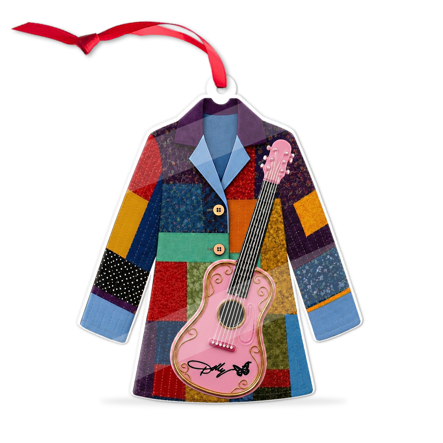 Dolly Parton Coat of Many Colors Acrylic Ornament, Pink Guitar Country Music Christmas Ornament 686130