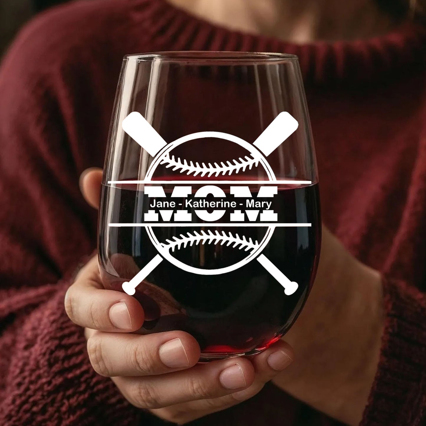 Personalized Baseball Mom Wine Glass | Custom Kids' Name Wine Glass| Baseball Gift For Mom 682709