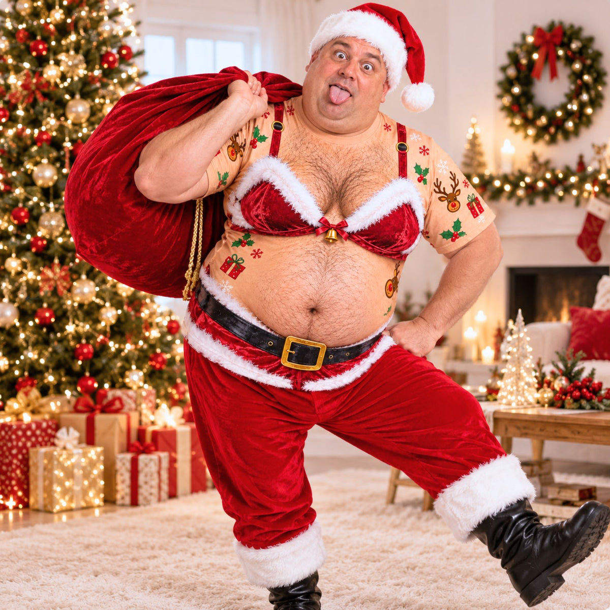 Personalized Hairy Chest Santa Bra Christmas AOP Shirt, Funny Gag Gift Christmas Tee 686930 WFD