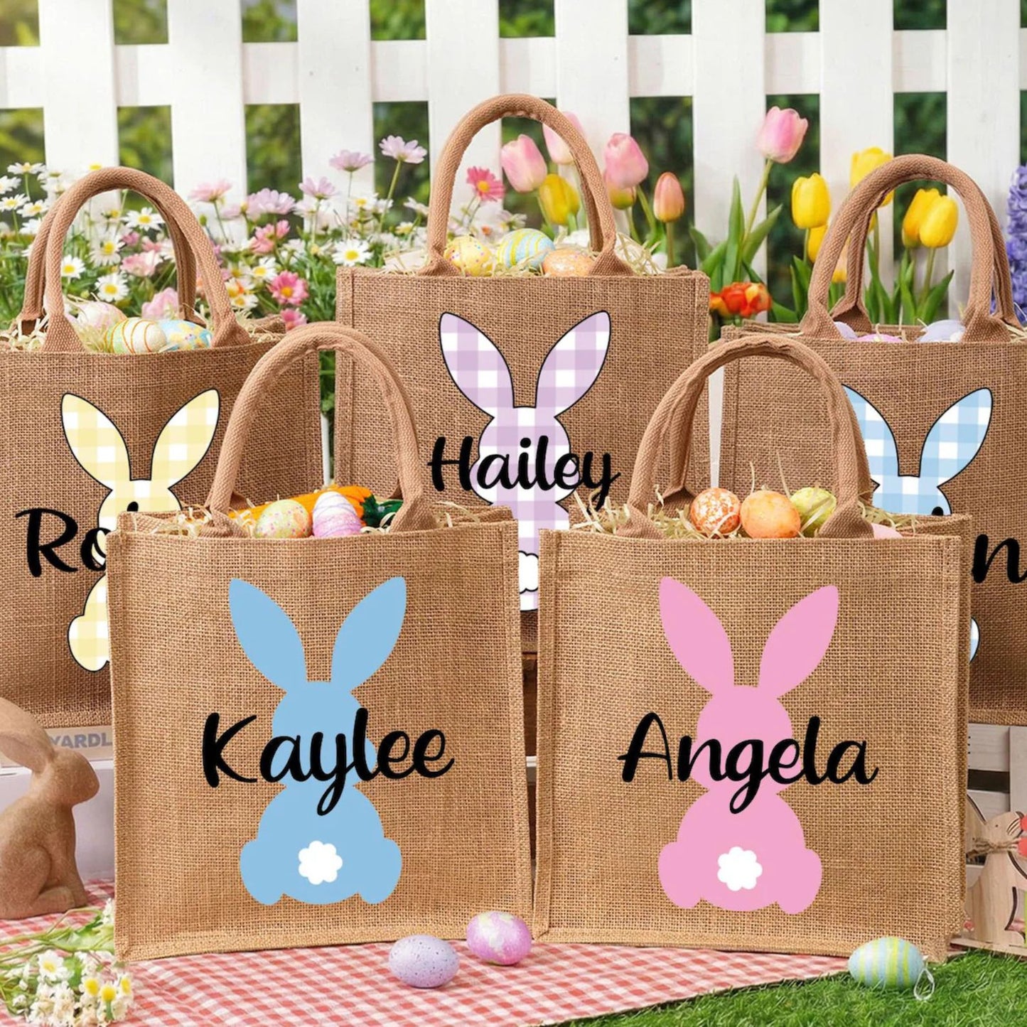 Personalized Easter Tote Bag | Jute Easter Bag | Kids Egg Hunt Bag | Custom Name Easter Basket 684392