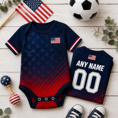 Personalized USA Flag Soccer Baby Suit, Custom Name Soccer Uniform Kit, Gift For Newborn 685388