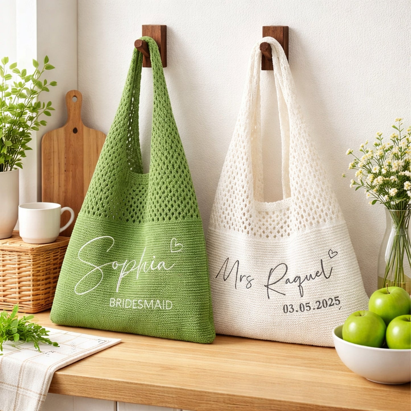 Personalized Knitted Crochet Tote Bag | Embroidered Name Beach Bag | Bridesmaid Gift for Her 684503